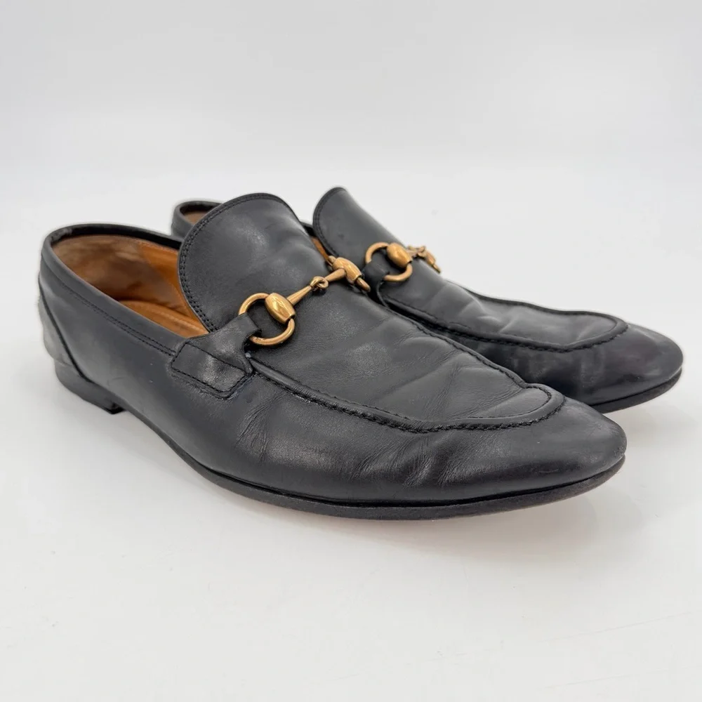 GUCCI Black Leather Horsebit Classic Mens 9 Dress Shoes Loafers FLAWS